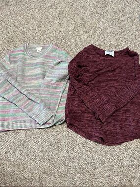 Old Navy Maroon Crewneck Sweater & Pastel Striped Pullover